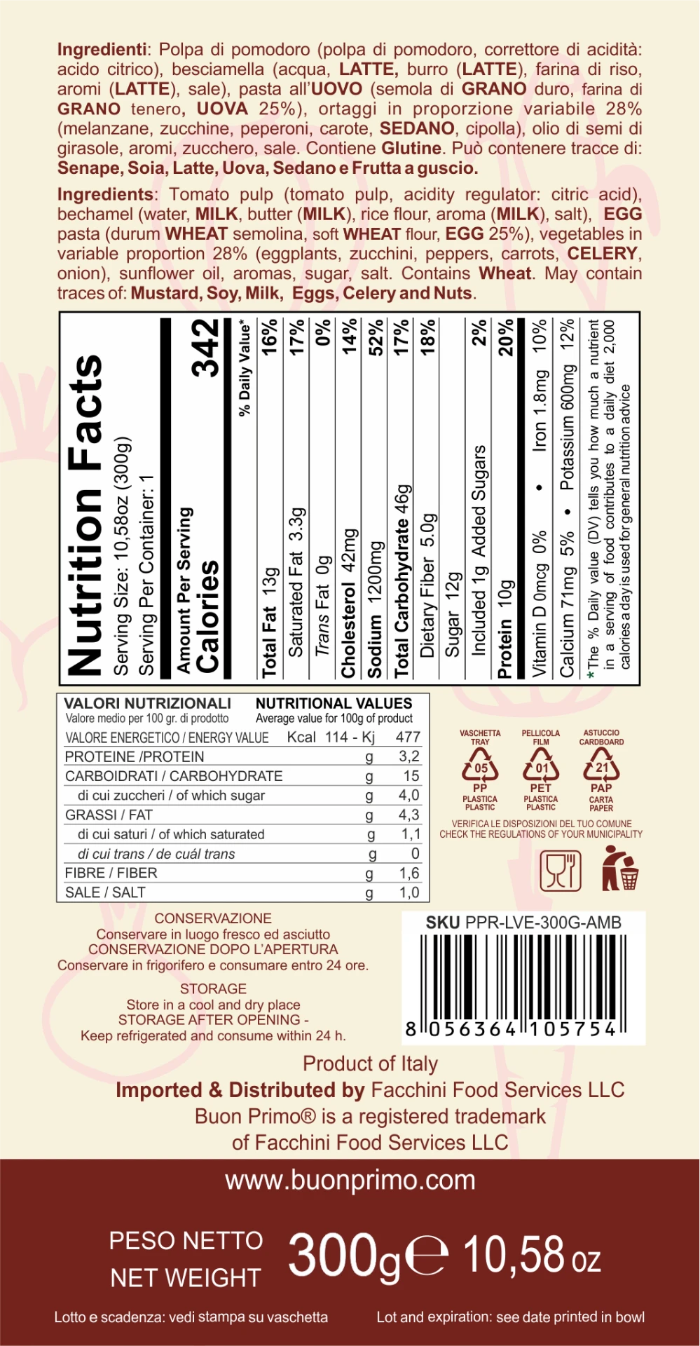 Vegetarian Lasagna Nutrition Facts and back label