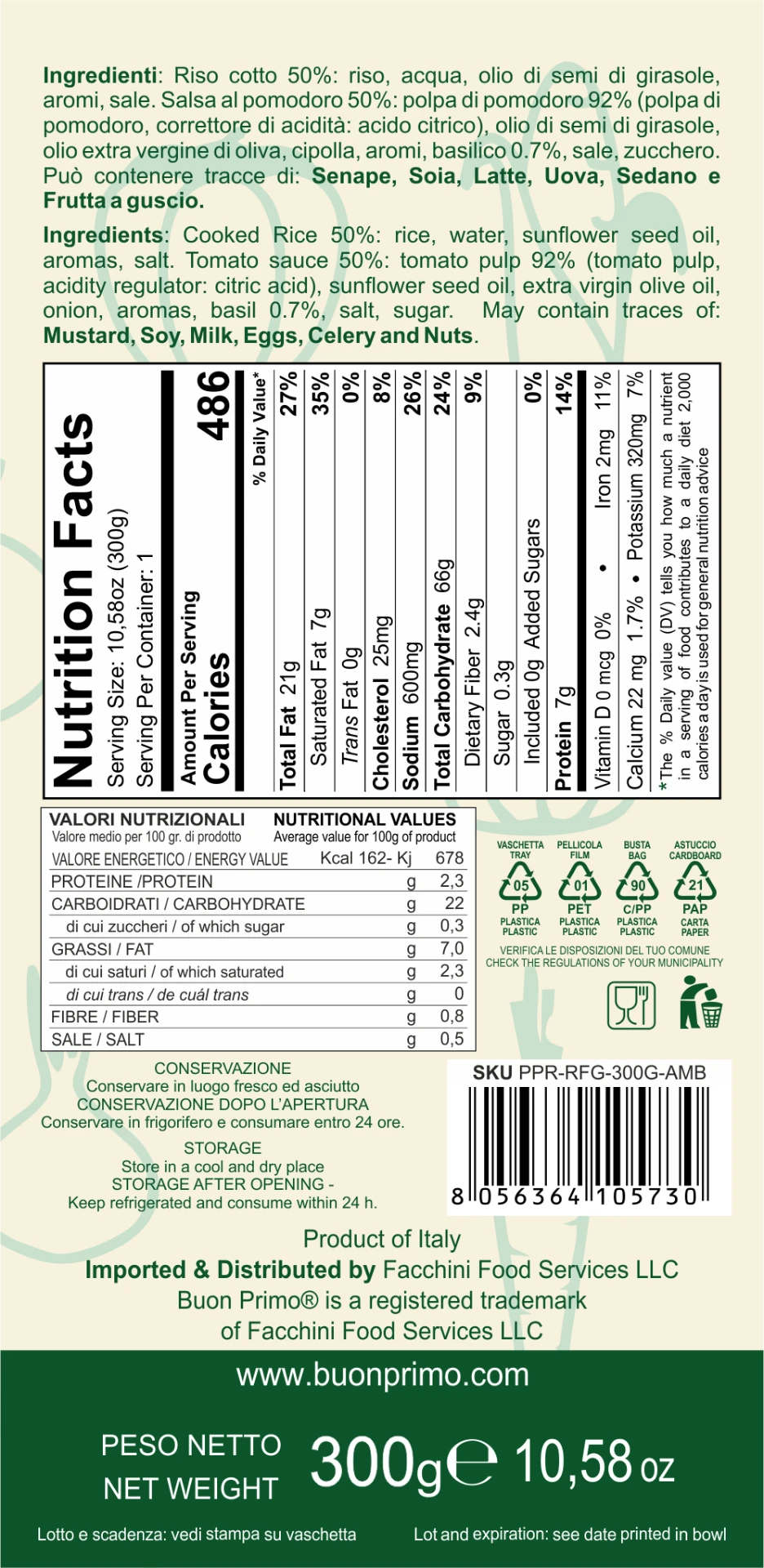Tomato Risotto Nutrition Facts and back label