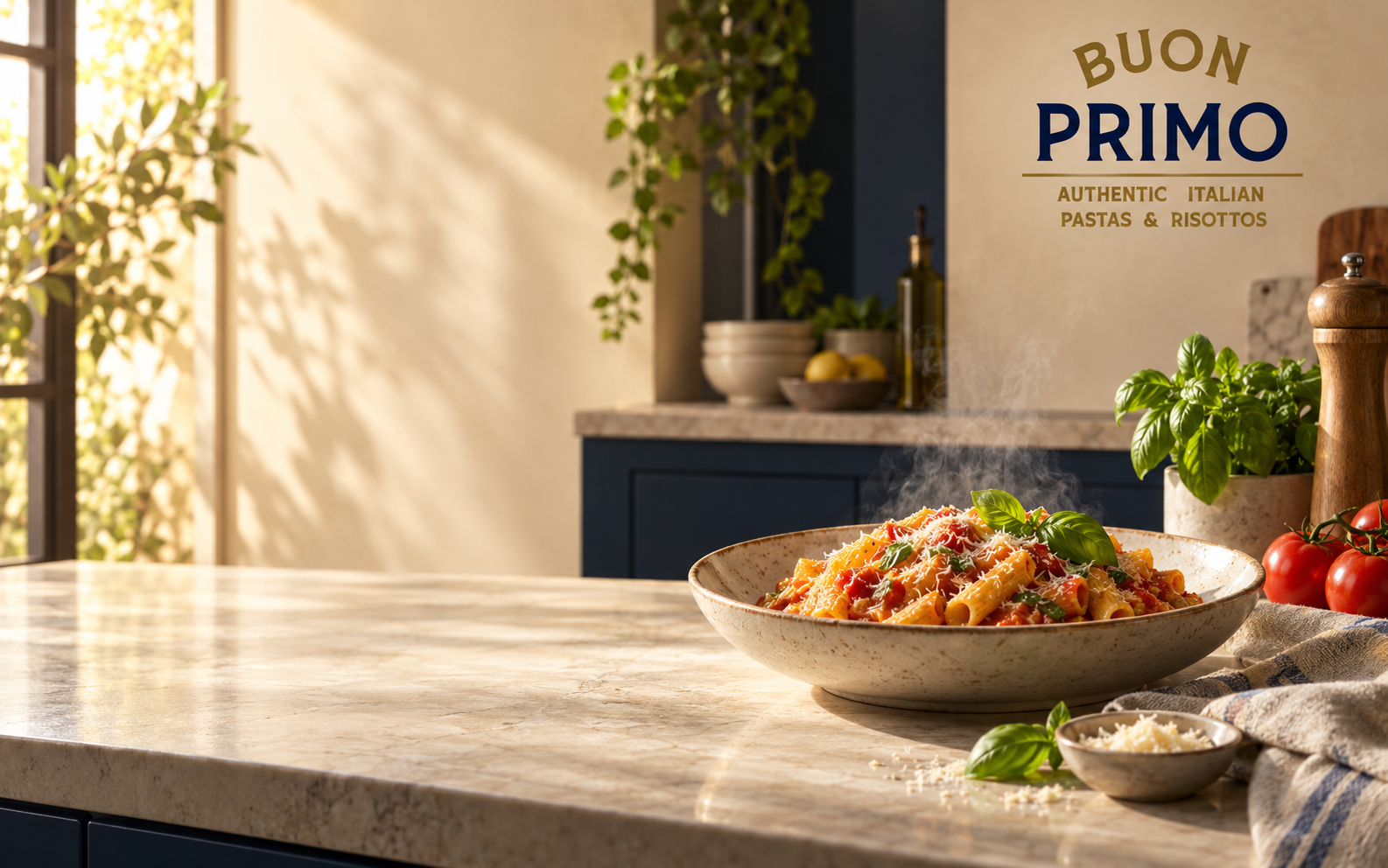 A bowl of Italian pasta on a sunlit kitchen counter