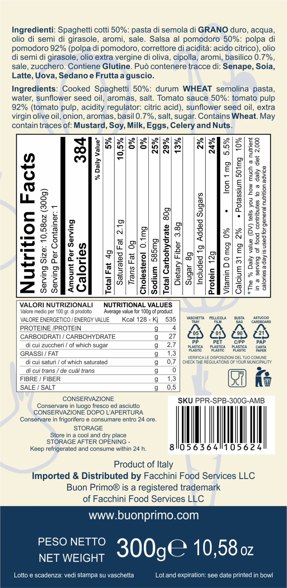 Spaghetti with Tomato Sauce Nutrition Facts and back label