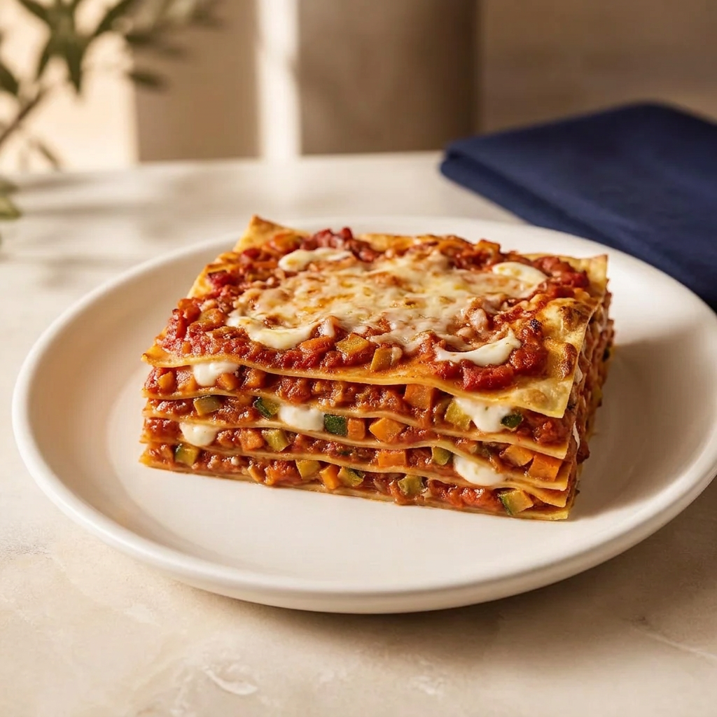 Layered vegetable lasagna with rich tomato sauce, vegetables, and touches of creamy white sauce