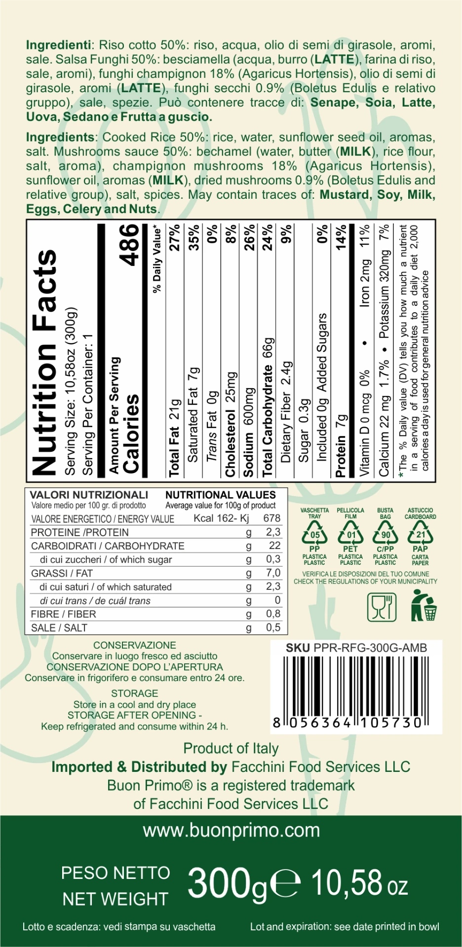 Mushroom Risotto Nutrition Facts and back label