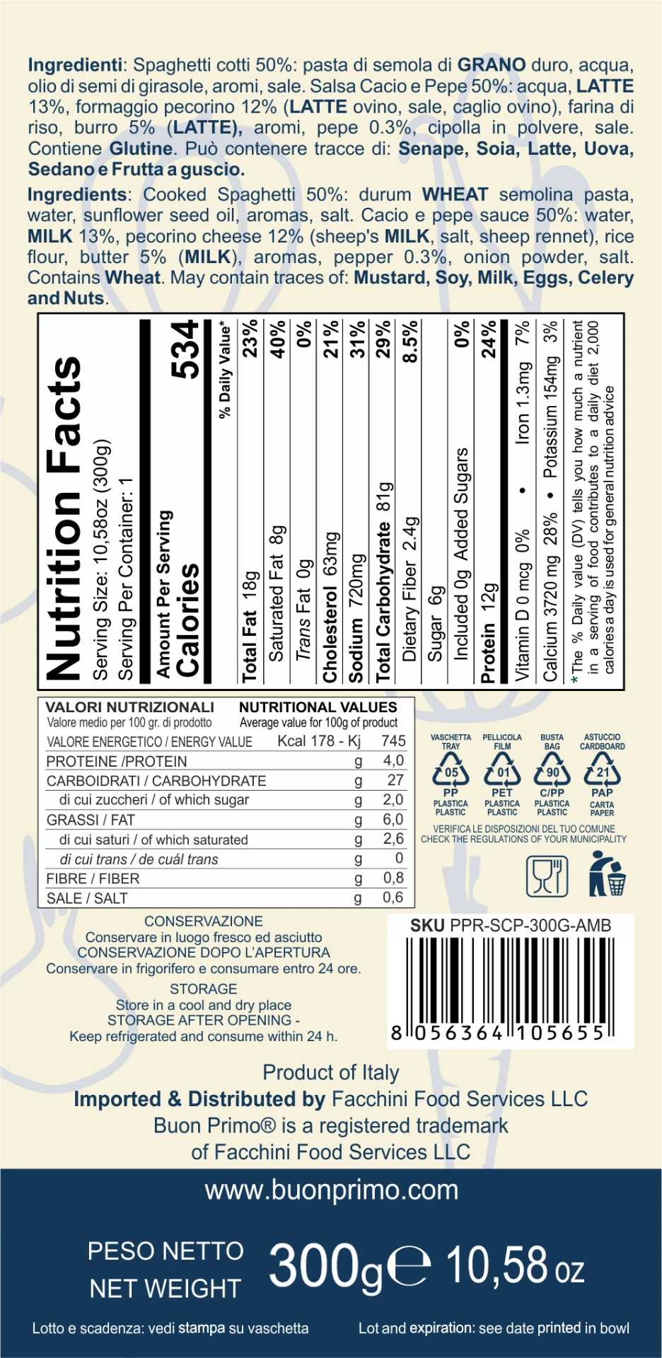 Thick Spaghetti with Pecorino Cheese and Black Pepper Nutrition Facts and back label