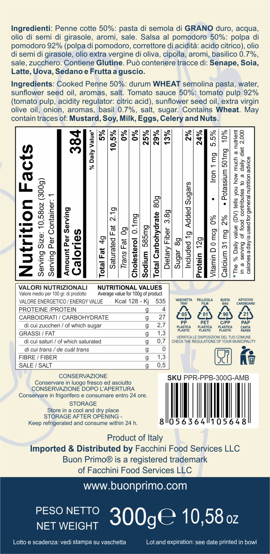 Penne with Tomato Sauce Nutrition Facts and back label