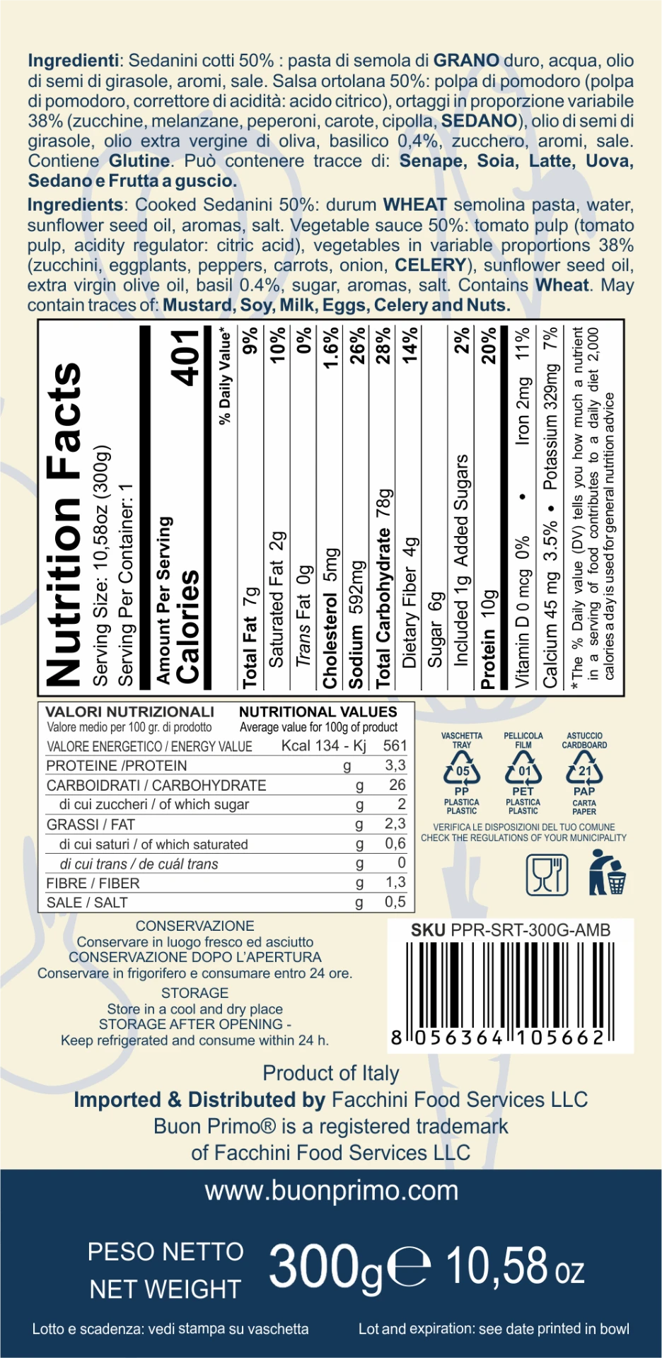 Sedanini with Garden Vegetable Sauce Nutrition Facts and back label
