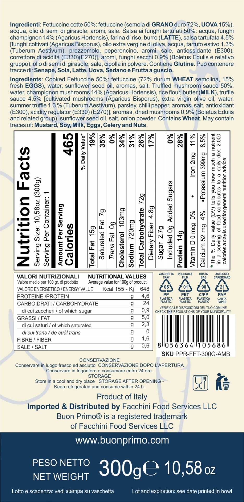Egg Fettuccine with Truffled Mushrooms Nutrition Facts and back label