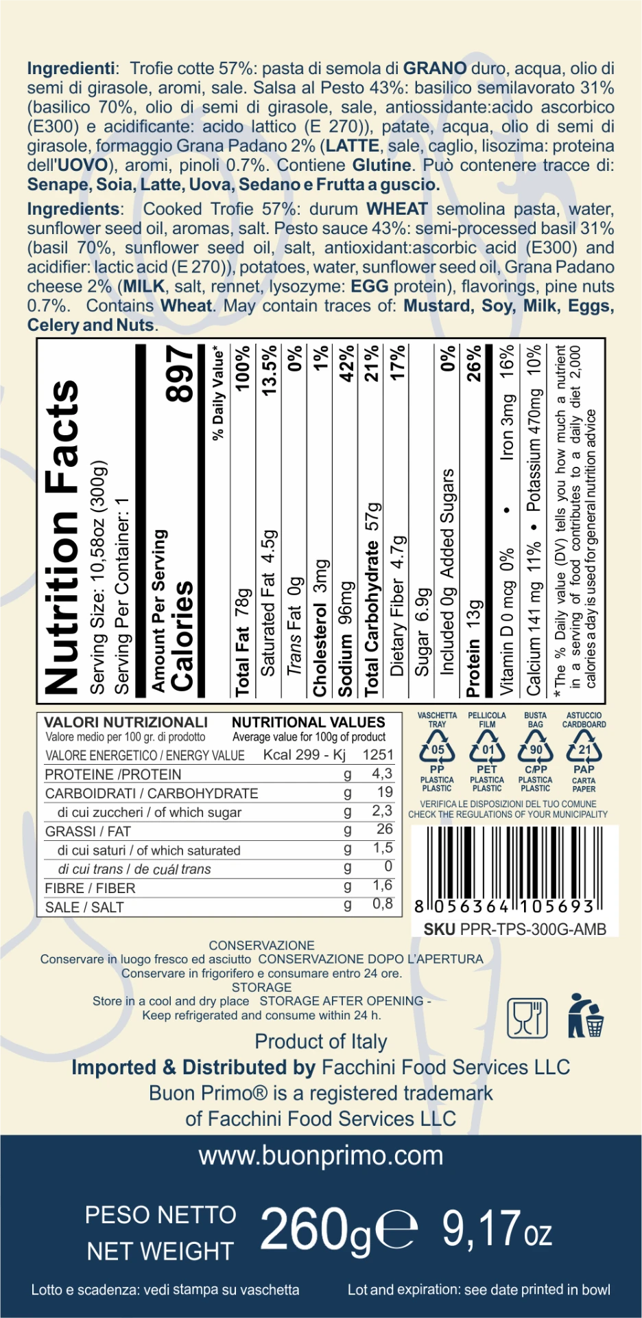 Trofie with Basil Pesto Nutrition Facts and back label