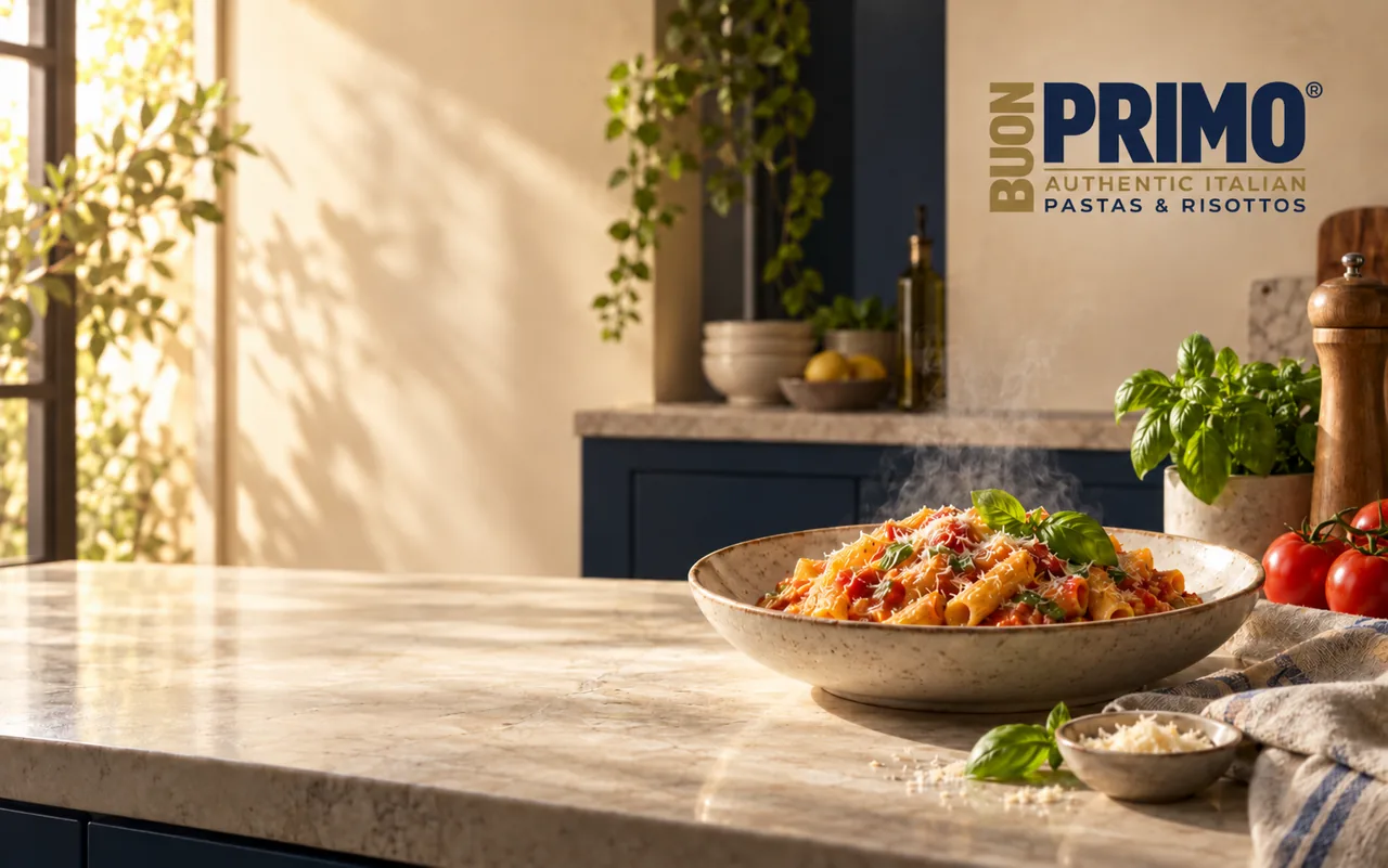 A bowl of Italian pasta on a sunlit kitchen counter