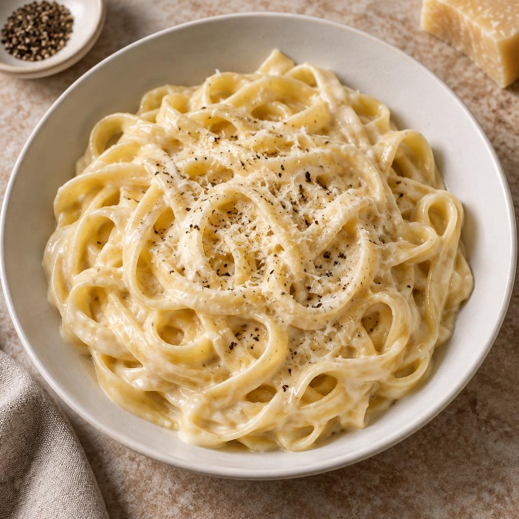 Fettuccine ribbons coated in a glossy ivory Alfredo sauce