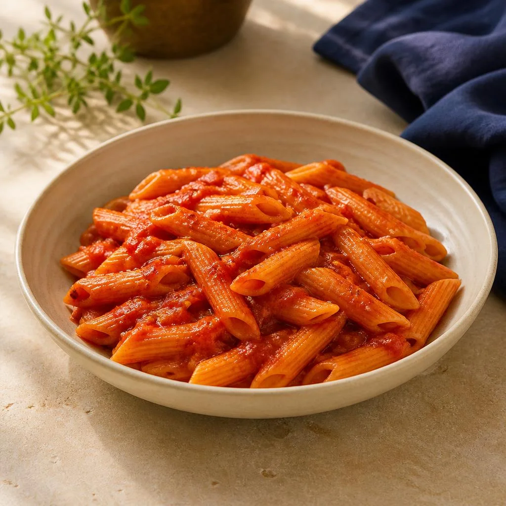 Penne with spicy red arrabbiata tomato sauce