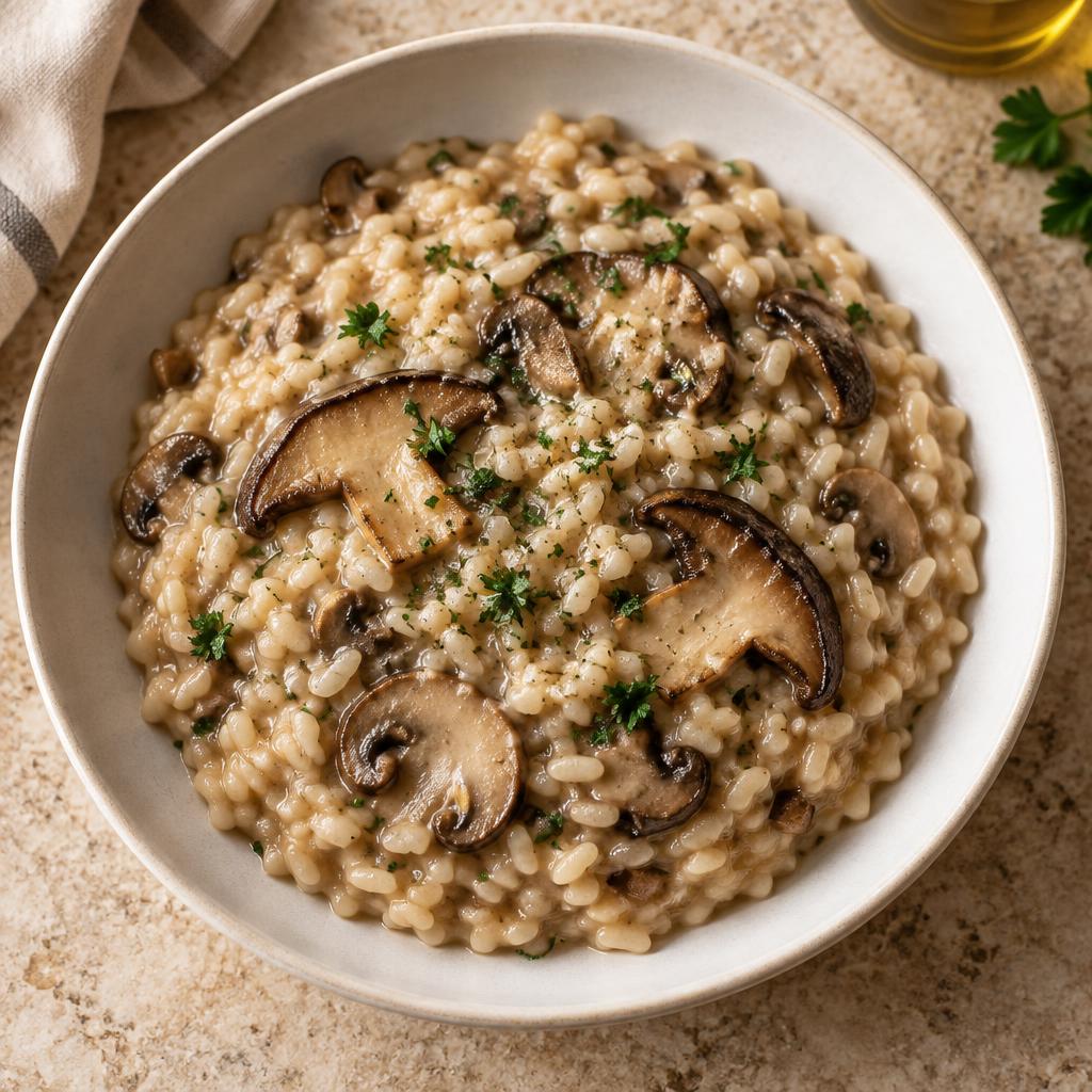 Creamy Italian mushroom risotto with sliced mushrooms
