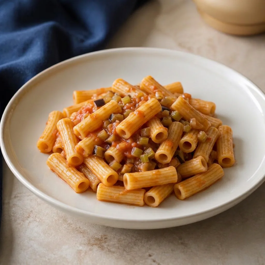 Short tubular Sedanini pasta with vegetable sauce