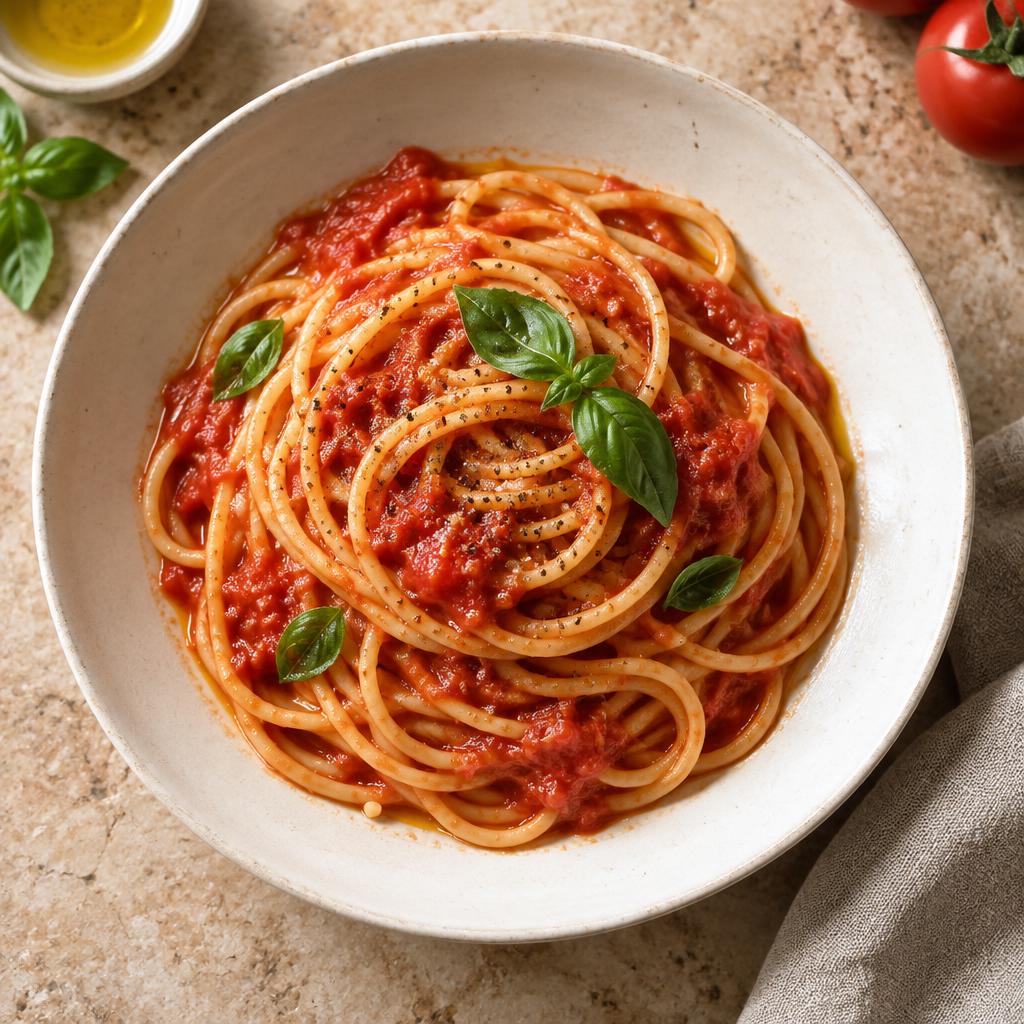 Long spaghetti twirled in a bright red Italian tomato sauce with basil
