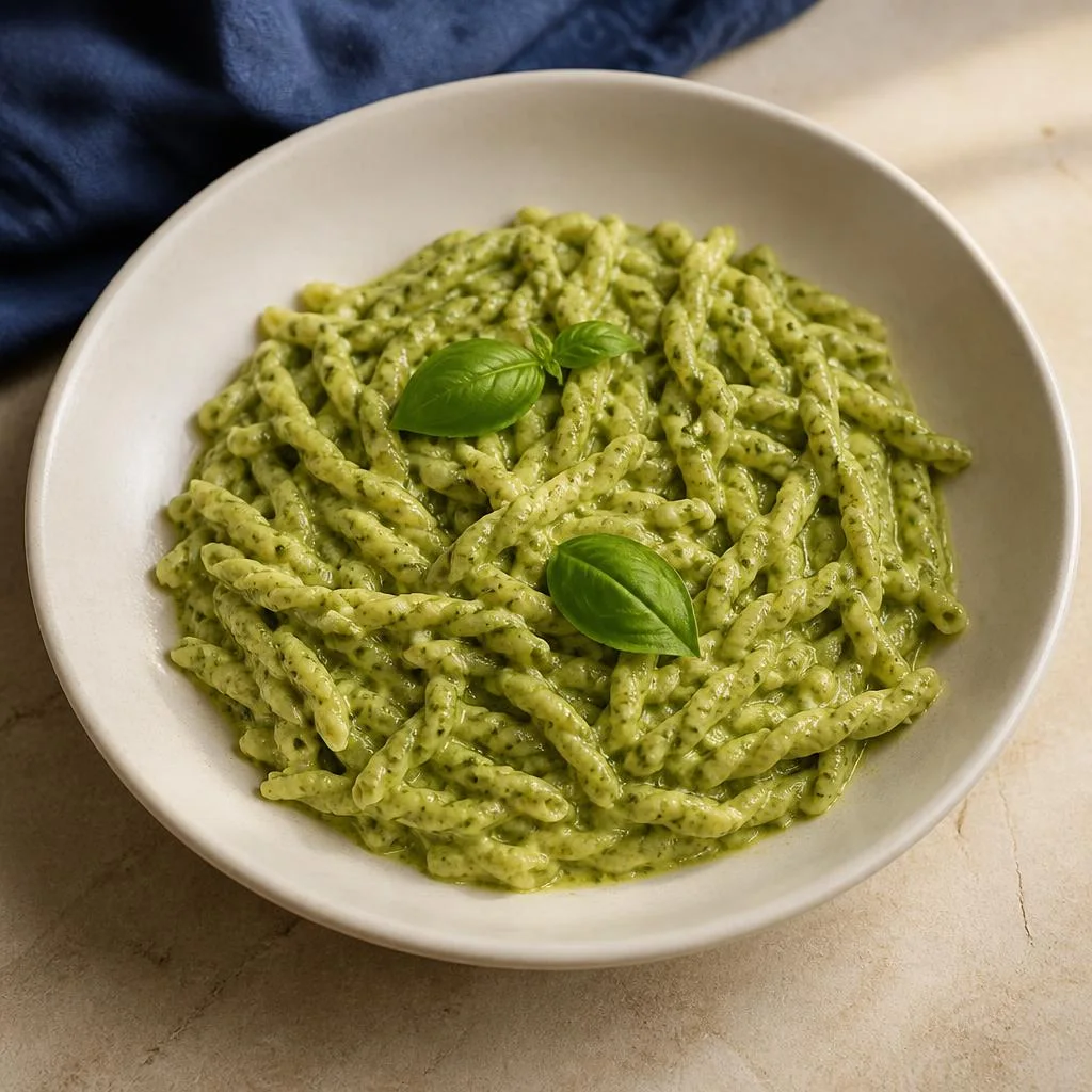 Trofie pasta with creamy green basil pesto sauce